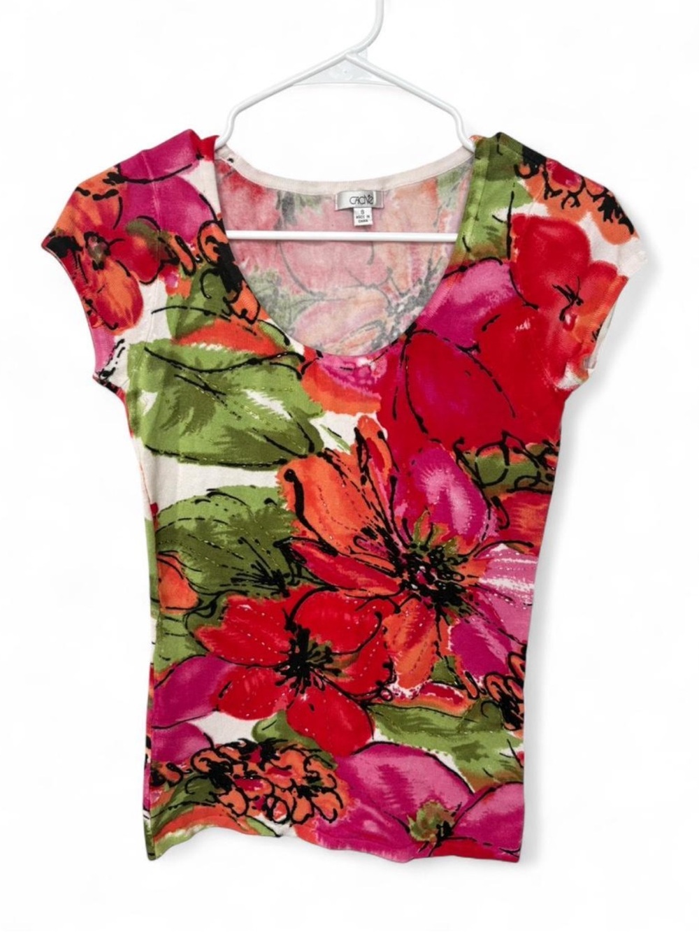 Vintage Caché Vibrant‎ Floral Beaded Cap Sleeve Knit Sweater Small Stretch Y2K